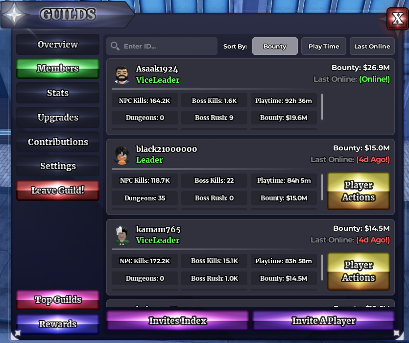 Sailor Piece guild Members interface showing the Invite a Player button